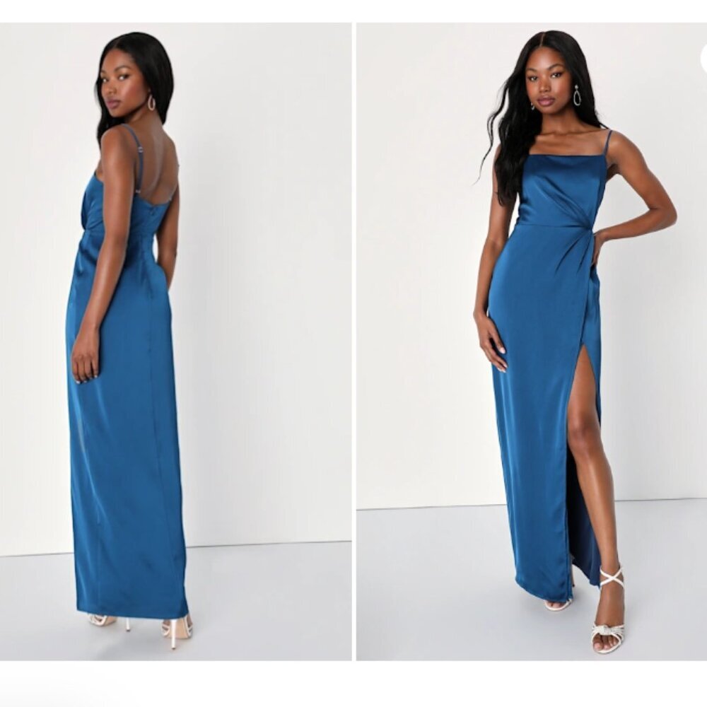 New Lulus Large Destiny Awaits Navy Blue Satin Faux-Wrap Maxi Dress Bridemaid